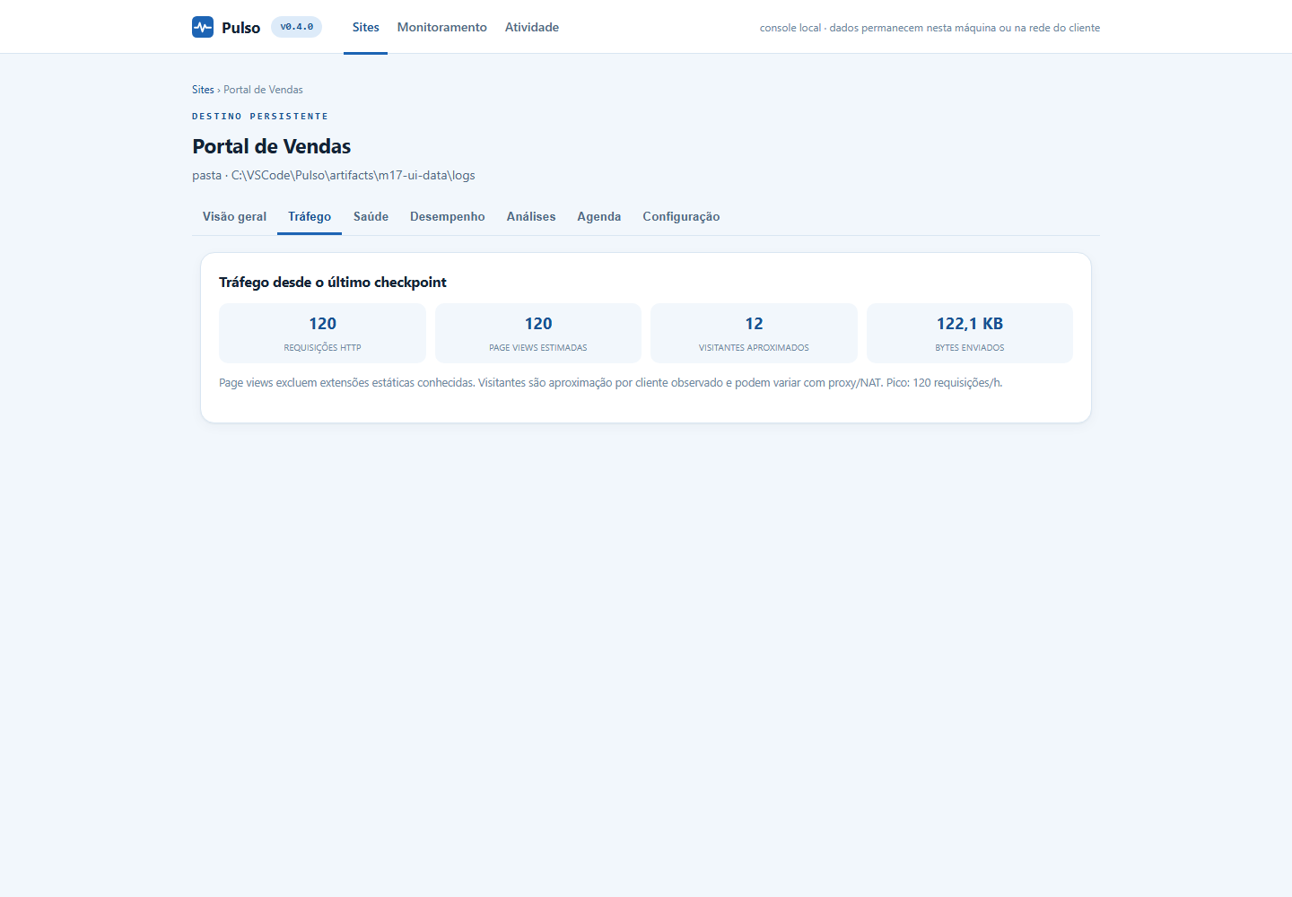 Indicadores de tráfego Local com requisições, page views, visitantes e bytes